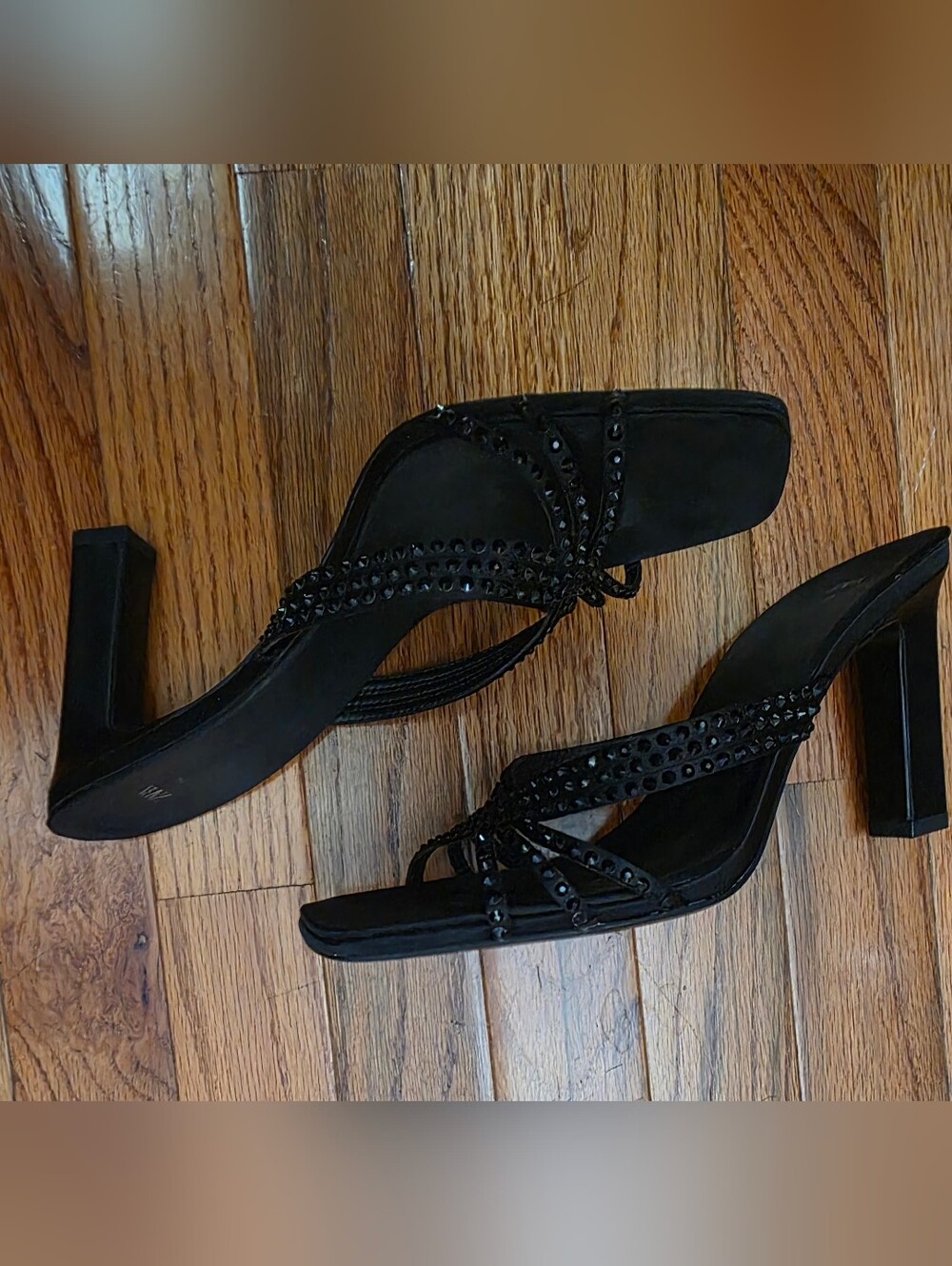 Zara Black Beaded Strappy Block Heel Sandals